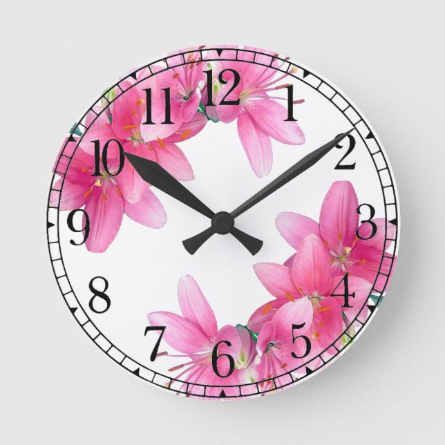 Botanical Pink Asiatic Lily Flowers Wall Clock (Front)