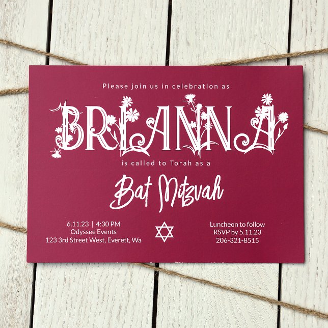 Botanical Pink Bat Mitzvah Floral Letters Invitation (Modern Unique pink bat mitzvah invitation with floral white lettering, botanical wild flowers)