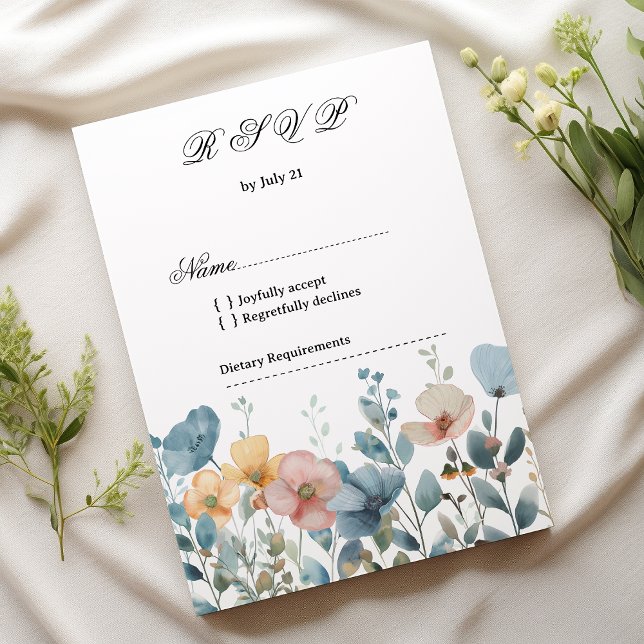 Botanical pink blue spring wildflowers RSVP Invitation (Botanical pink blue spring wildflowers RSVP)