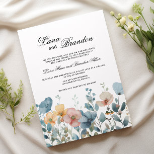 Botanical pink blue spring wildflowers wedding invitation