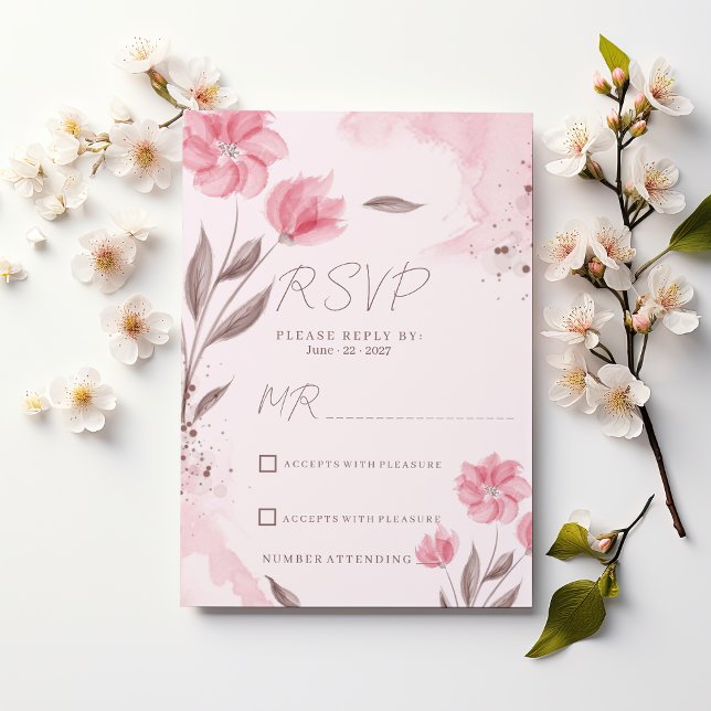 Botanical pink brown watercolor floral RSVP  Invitation (Botanical pink brown watercolor floral RSVP)