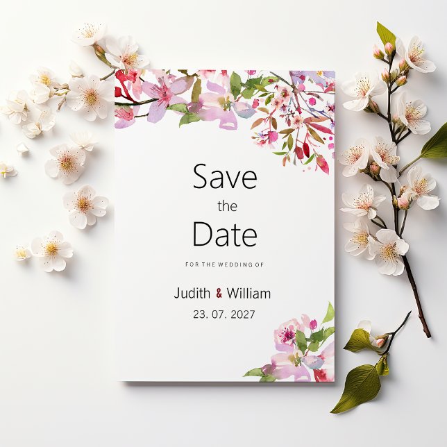 Botanical pink cherry blossom summer Save the Date Invitation (Botanical pink cherry blossom summer Save the Date )