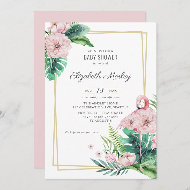 Botanical Pink Flamingo Floral Frame Baby Shower Invitation (Front/Back)