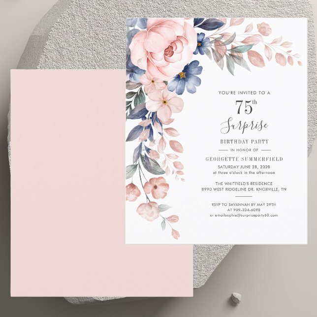 Botanical Pink Floral 75th Birthday Invitation (Botanical Pink Floral 75th Birthday Invitation)
