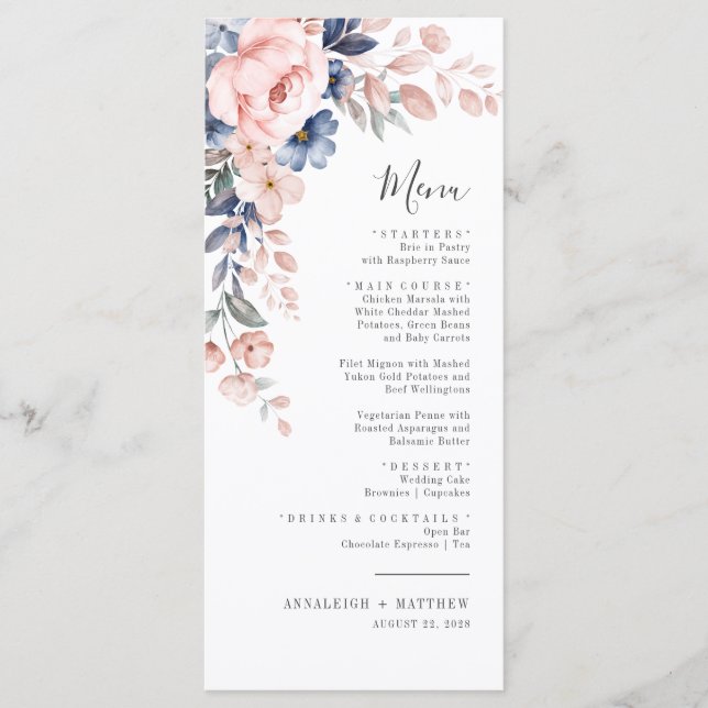 Botanical Pink Floral Botanical Elegant Wedding Menu (Front)