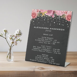 Botanical Pink Flowers Diamond Glitter Black Salon Pedestal Sign