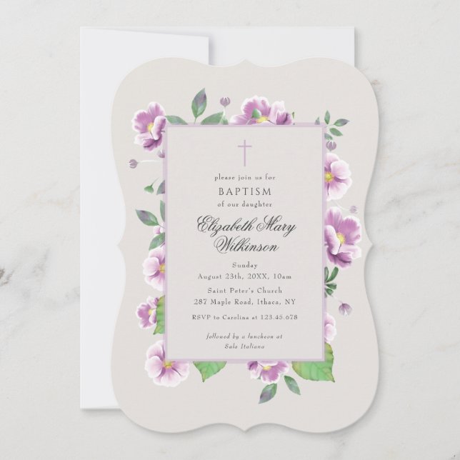 Botanical Pink Flowers Elegant Baptism Invitation (Front)