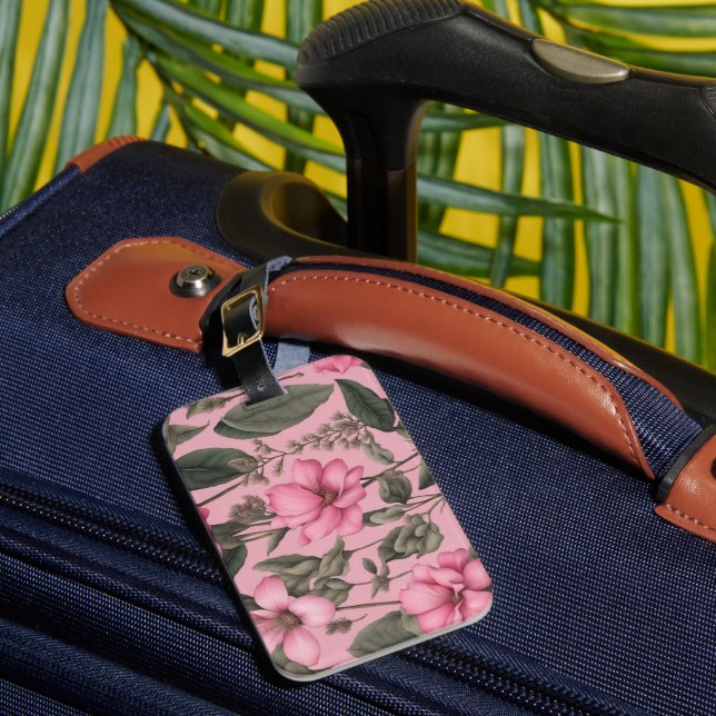 Botanical pink flowers pattern luggage tag (Front Insitu 1)