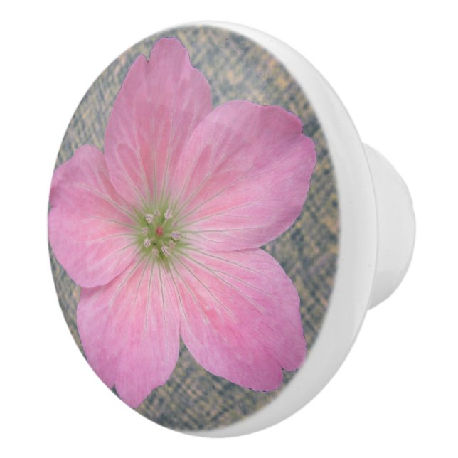Botanical Pink Geranium Flower on any Colour Ceramic Knob (Right)