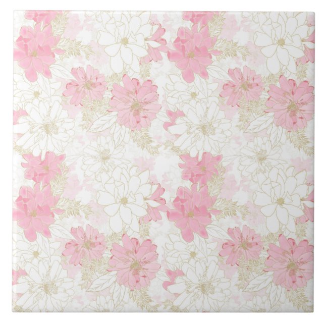 Botanical Pink Gold Flowers Tile (Front)