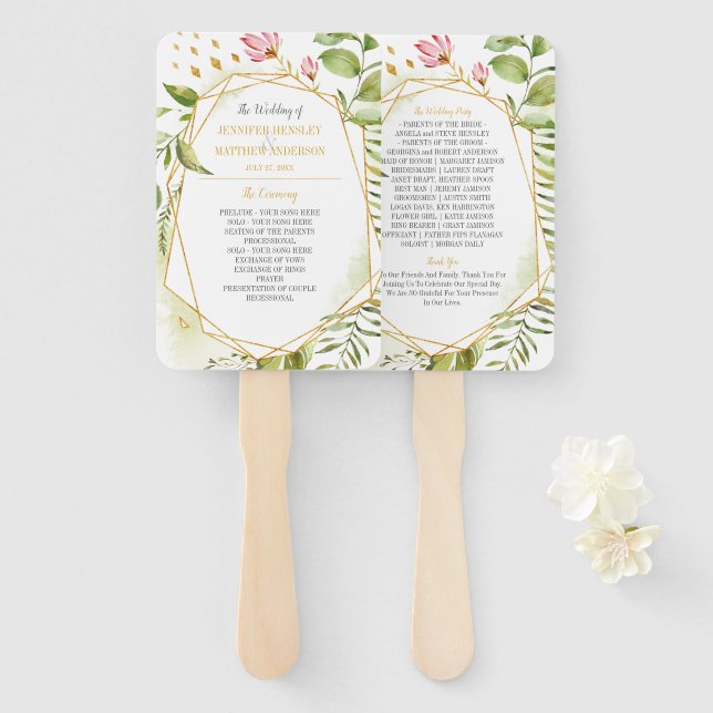 Botanical Pink Green Gold Geometric Frame Wedding Hand Fan (Front and Back)