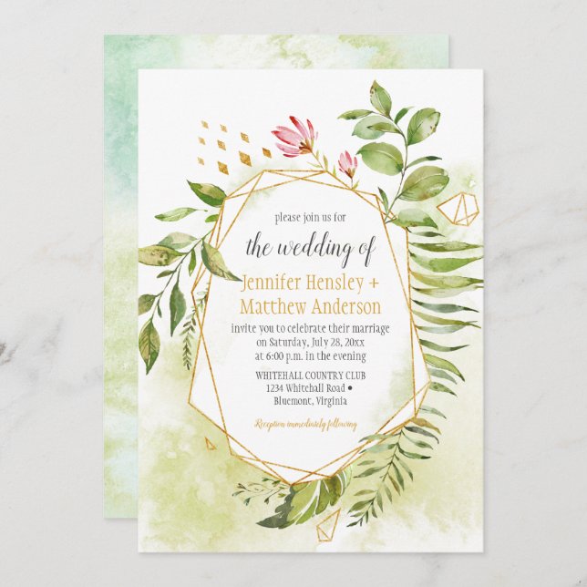 Botanical Pink Green Gold Geometric Frame Wedding Invitation (Front/Back)