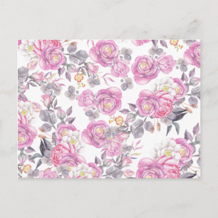 Botanical pink grey watercolor romantic roses postcard