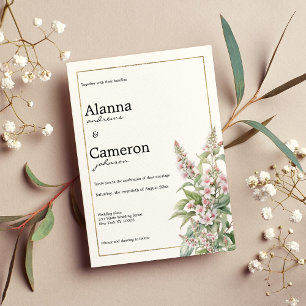 Botanical pink mint flower bouquet wedding invitation