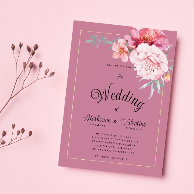 Botanical pink mint formal script floral wedding invitation (Botanical pink mint formal script floral wedding )