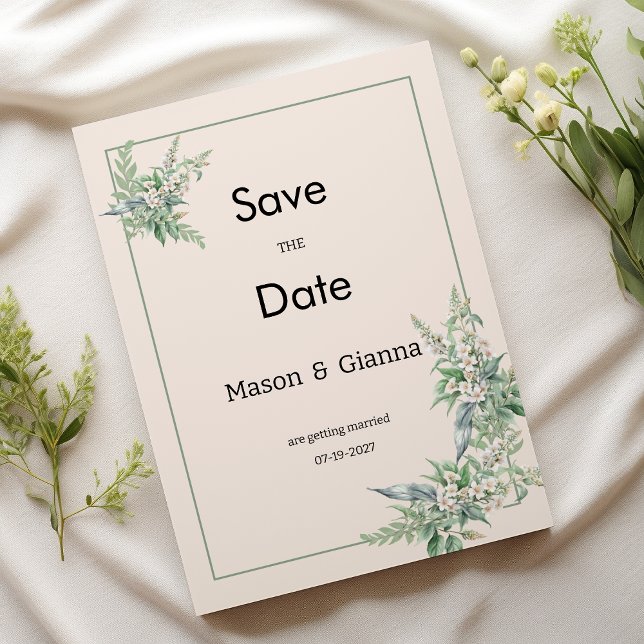 Botanical pink mint ivory floral Save the Date Invitation (Botanical pink mint ivory floral Save the Date)