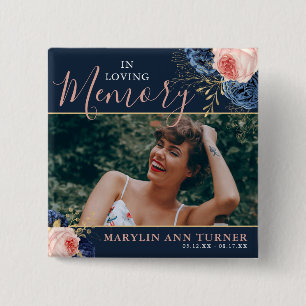 Botanical Pink & Navy Florals Elegant Memorial 15 Cm Square Badge