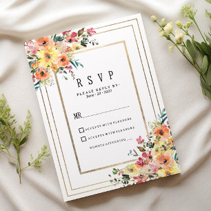 Botanical pink orange gold floral country RSVP Invitation