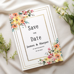 Botanical pink orange gold floral Save the Date Invitation