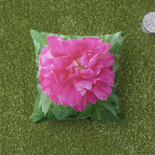 Botanical Pink Peony Green Leaves  Cushion (Grass)
