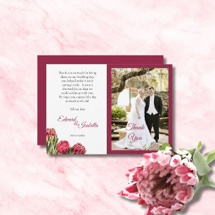 Botanical Pink Protea Floral Burgundy Photo Thank You Card