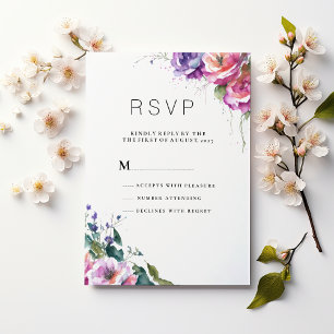 Botanical pink purple coral green floral RSVP Invitation