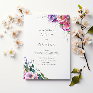 Botanical pink purple coral green floral Wedding Invitation