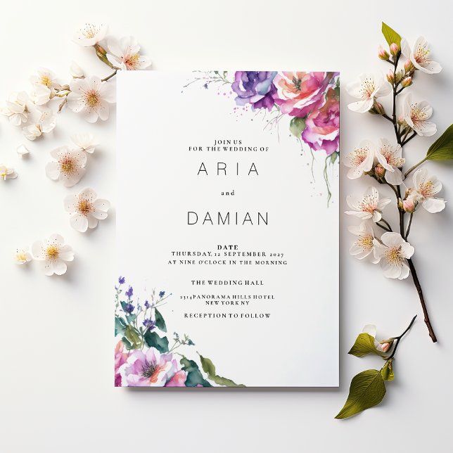 Botanical pink purple coral green floral Wedding Invitation (Botanical pink purple coral green floral Wedding )