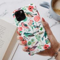 Botanical pink red and green Flowers Birds Pattern