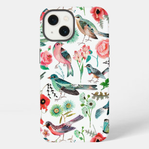 Botanical pink red and green Flowers Birds Pattern iPhone 13 Case