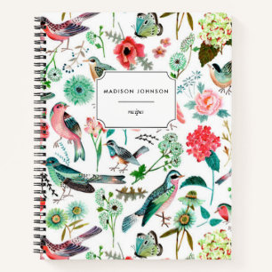 Botanical pink red floral Flowers Birds Pattern Notebook