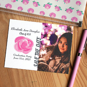 Botanical Pink Rose Graduation Save the Date Advice Card