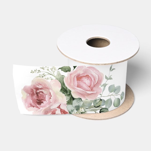 Botanical Pink Rose Greenery Satin Ribbon (Spool)