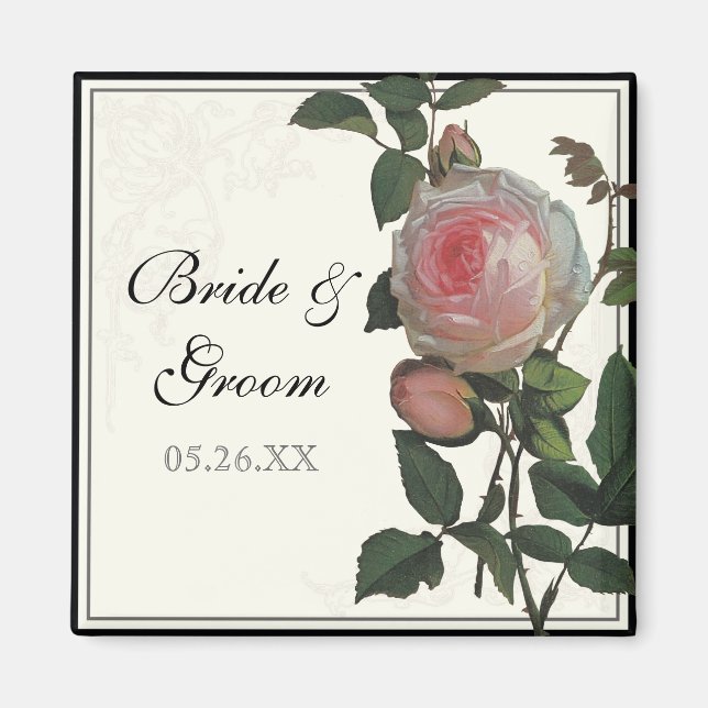 Botanical Pink Rose, Wedding Save the Date Magnet (Front)