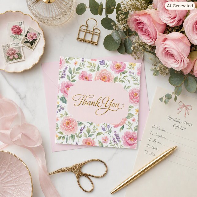  Botanical Pink Roses Gold Script  Thank You Card (Creator Uploaded)