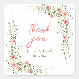 Botanical Pink Roses Rustic wedding  Square Sticker