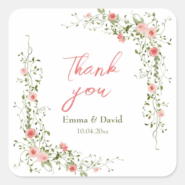 Botanical Pink Roses Rustic wedding  Square Sticker (Front)