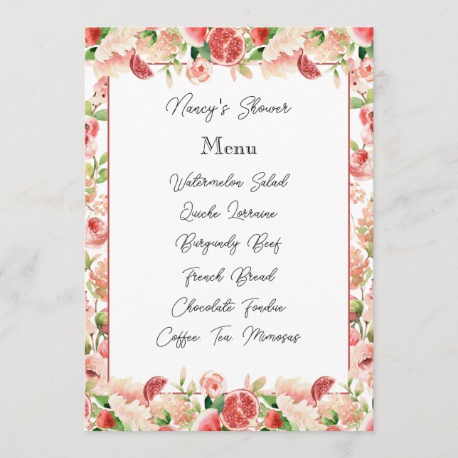 Botanical Pink Summer Fruits and Flowers Menu Card (Front)