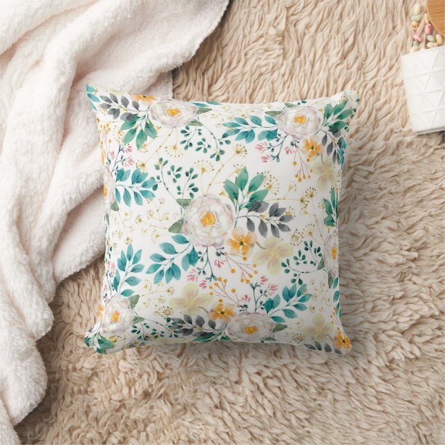 Botanical pink teal white orange floral cushion (Blanket)