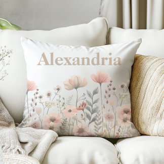 Botanical Pink Watercolor Wildflowers Cushion