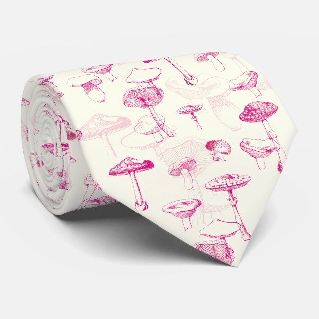 Botanical Pink White Forest Mushroom Pattern Tie (Rolled)