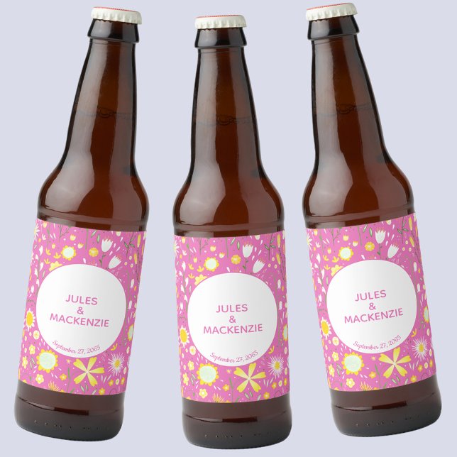 Botanical Pink Wildflower Floral Pattern Wedding Beer Bottle Label (Pink floral wedding personalized beer bottle labels)