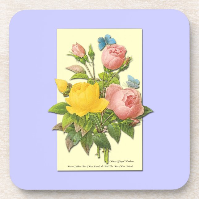 Botanical Pink Yellow Roses Coaster (Front)