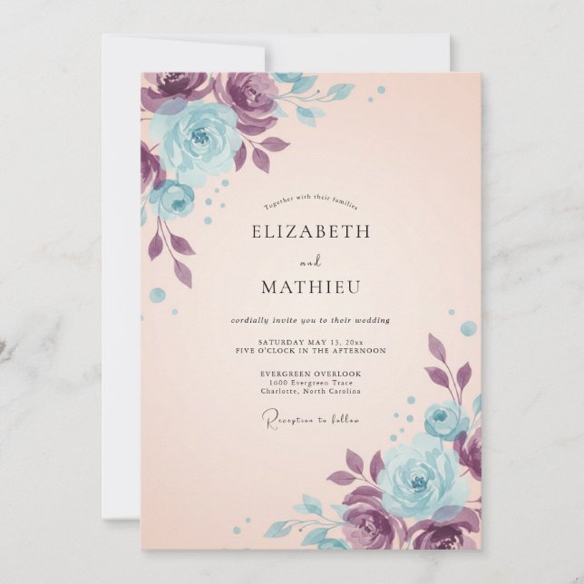 Botanical Plum Aqua Painted Wedding Invitation (Front)