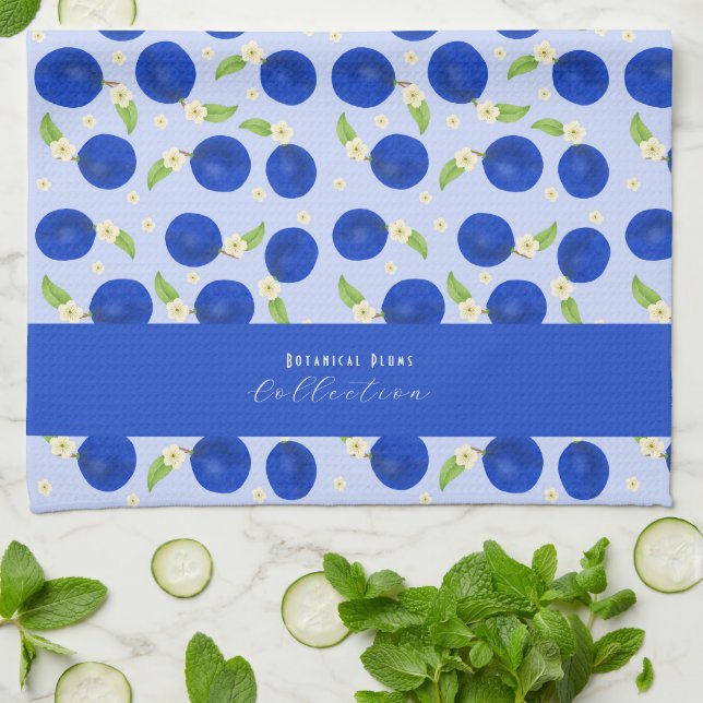 Botanical Plums Collection Blue Tea Towel (Folded)