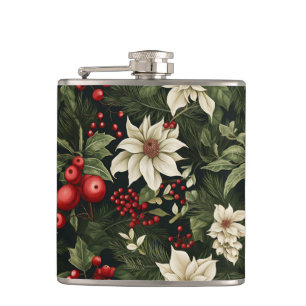 Botanical Poinsettia Christmas Pattern Hip Flask