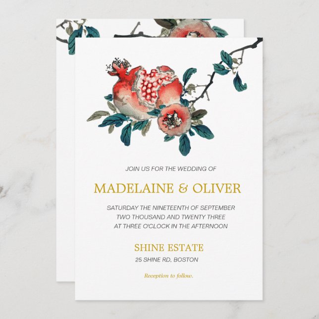 Botanical Pomegranate Elegant Gold Wedding Invitation (Front/Back)