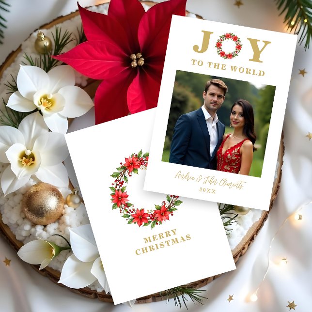 Botanical Ponsettia Christmas Wreath Photo Family  Holiday Card (Botanical Poinsettias Christmas Wreath Photo Family Holidays Cards with Joy to the World Quote. )