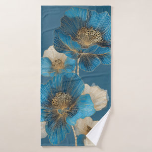 Botanical Poppy Blue Gold Line Art Floral Bath Towel Set