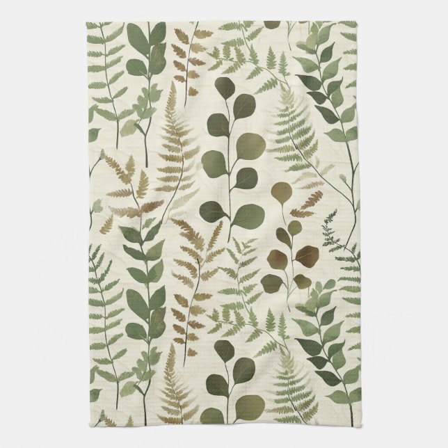 Botanical Pressed Leaves Pattern – Fern Print Tea Towel (Vertical)